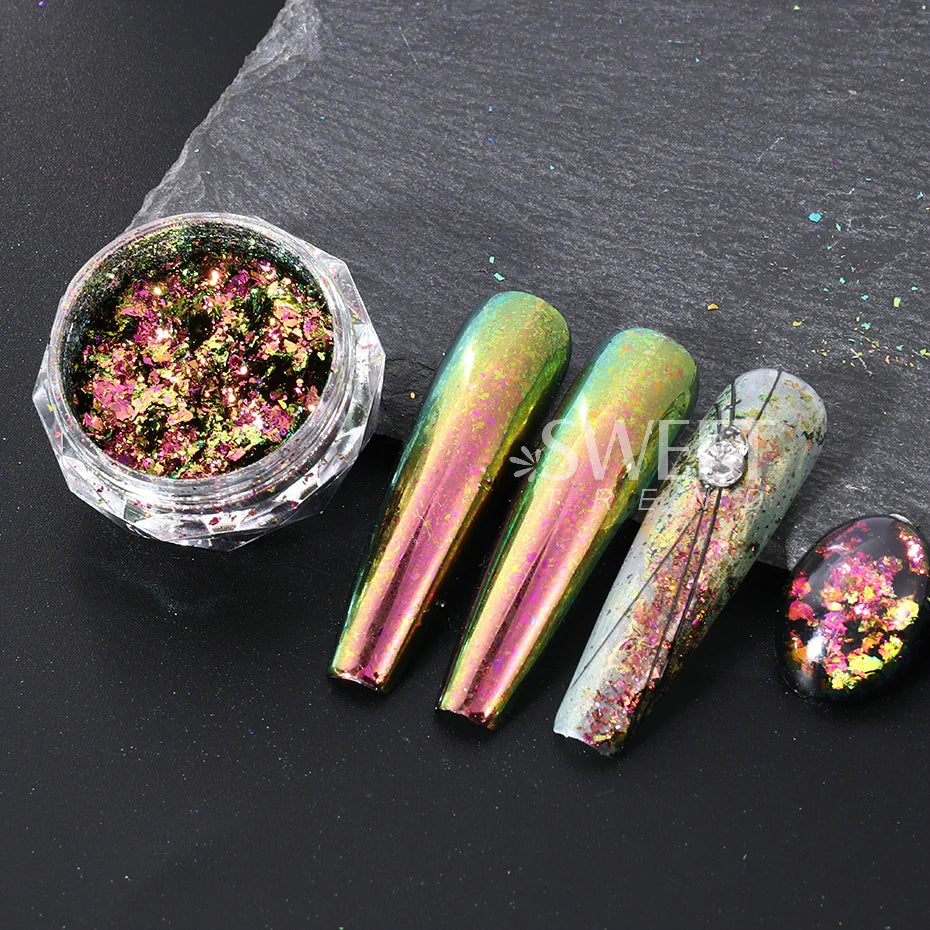 JazzHer 0.1g Chameleon Mirror Chrome Nails Glitter Irregular Fire Aluminum Foils Sequins Summer DIY Iridescent Paillette Manicure Slices