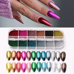 JazzHer 12Colors Nail Glitter Aurora Mirror Powder Chrome Dust Pigment Paint Dip Metallic Shiny With Magic Effect Dust Manicure Design