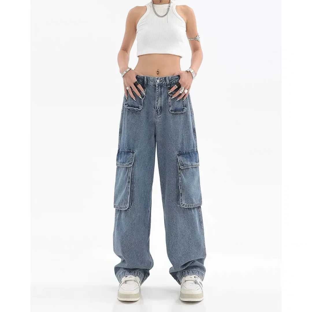 JazzHer Vintage Women Solid High Waist Wide Leg Pants Jeans Spliced Cargo Denim Washed Pants Ankle Length Jean Pockets Safari Style