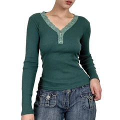 JazzHer Y2K Aesthetic Fairy 00s Retro Crop Tops Vintage Cottage Lace Trim V Neck T-shirt Autumn Spring Long Sleeve Slim Fit Tees Women