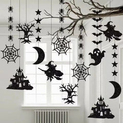 JazzHer 6pcs Halloween Hanging Banner Garland Scary Spider Witch Ghost Bat Pendant Ornament Happy Halloween Party Decorations for Home