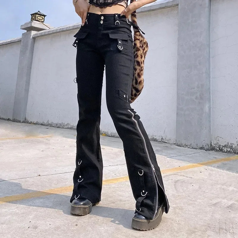 JazzHer Women Low Waist Jeans Denim Straight Flare Pants Vintage Pockets Zipper Denims 2024 Autumn Streetwear Ankle Length Trousers