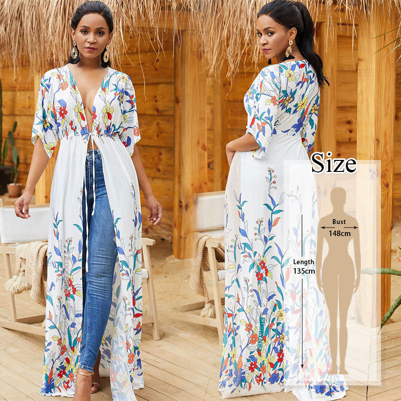 JazzHer Elegant Women Tunic Summer Fashion Long Beach Dress Sexy Patchwork Short Sleeve Front Open White Robe Dress Pareos Q561