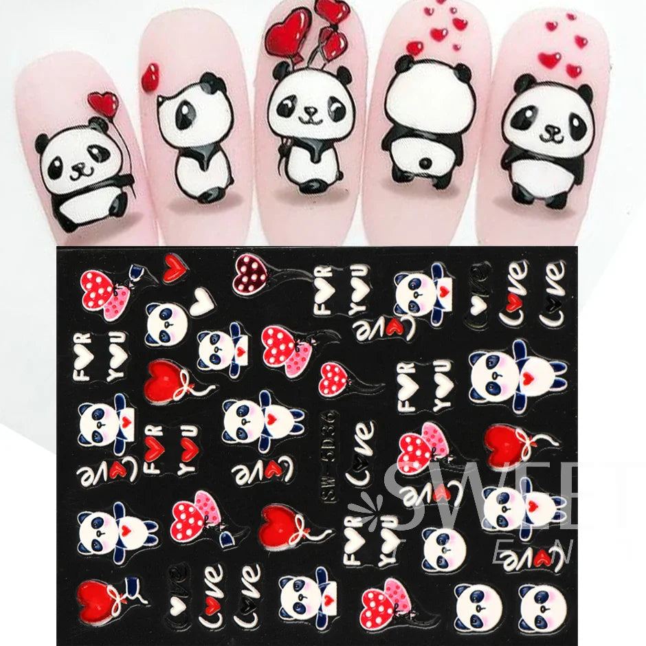 JazzHer 5D Embossed Lovely Panda Nail Stickers Cute Cartoon Sew Bunny Hug Bear Slider For Nails Avocado Manicure Textured Decals LYSW-5D