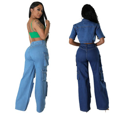 JazzHer Women Jeans High Waist Cargo Pants Zipper Fly Washing Loose Fit Denim Pockets Streetwear Ankle Length Solid 2024 Summer