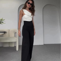 JazzHer Women Pant Sets Two Pieces Tops Skew Collar High Waist Full Length Wide Leg Pants Matching Sets Loose Pockets Office Lady