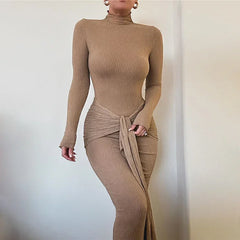 JazzHer Elegant Ruched Bodycon Long Dress For Women Long Sleeve Gown Fashion Drape Turtleneck Female Club Party Maxi Dress New