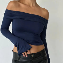 JazzHer Korean Fashion Long Sleeve Slim Fit Blouse Tee Y2K Vintage Off Shoulder Crop Tops Elegant Backless T-shirt Women Club Streetwear