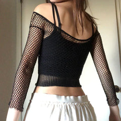 JazzHer Harajuku Hollow Out See Through Crop Top Gothic Fishnet Mesh T-Shirts Grunge Mall Goth Women Summer Beach Cover-ups