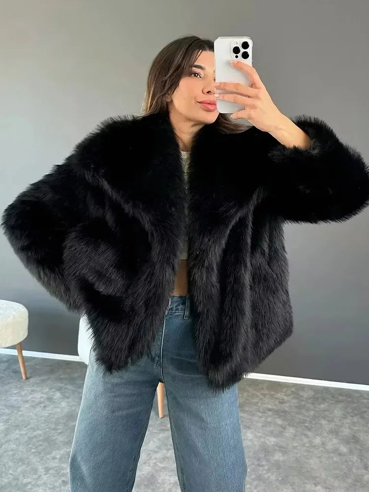 JazzHer Fashion Cropped Faux Fur Jacket Coat Women's Long Sleeve High Street Female Outerwear Chic Lapel Collar Thick Coat Winter