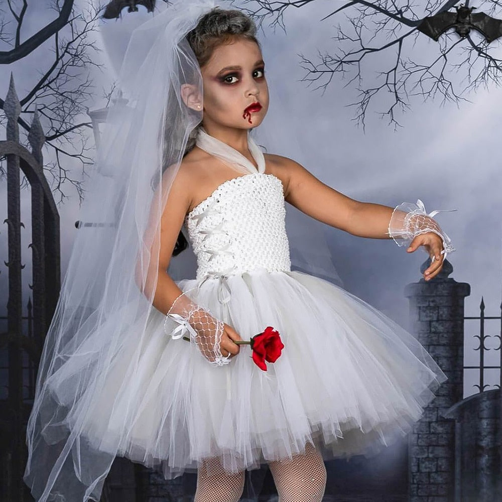 JazzHer Halloween Awakecrm Ghost Bride Girls Halloween Costume Tutu Dress With Gloves Veil Teen Girls Cosplay Costume Fancy Dress Up Kids Party Dresses