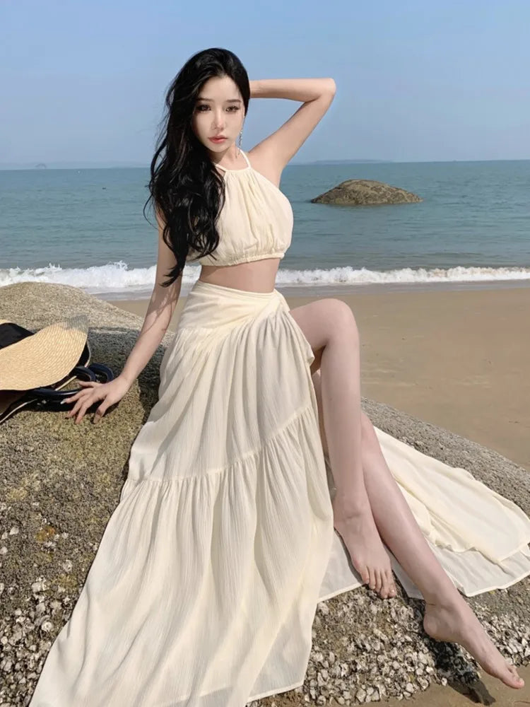 JazzHer Summer Women Beach Two Piece Set Sexy Strap Short Tops & High Waist  One-Piece Lace Up Skirt Outfits Korean Fashion Clothing