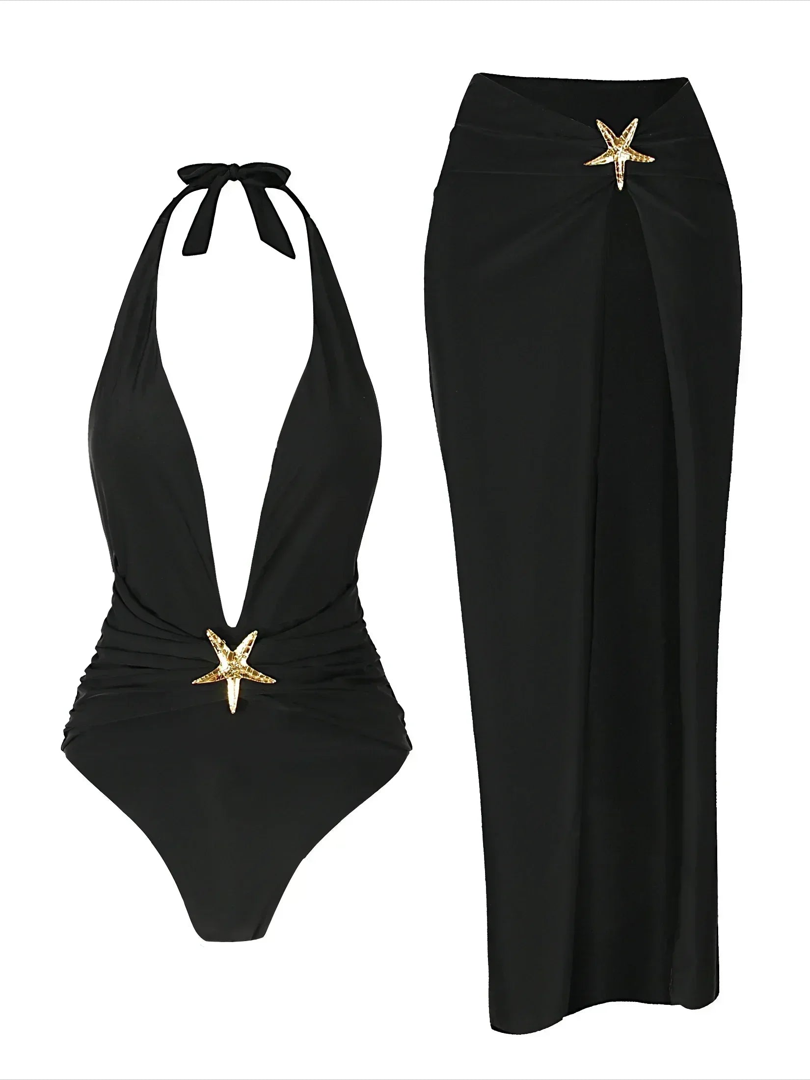 JazzHer 2 Piece Swimsuits for Elegant Women Starfish One Piece Bathing Suits with High Split Skirt Cover ups Sexy Halter Bikini Sets K59