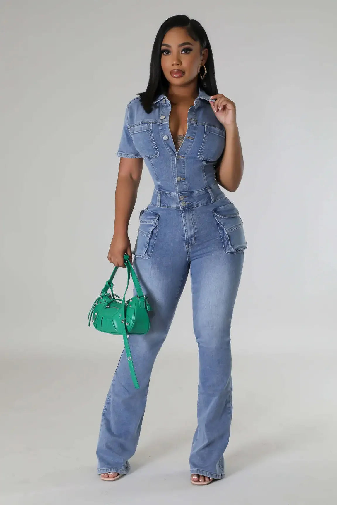 JazzHer Streetwear Jeans Jumpsuits Summer Women Turndown Collar Bodysuit Flare Pants Pockets Denim Rompers Sexy One Pieces Overalls