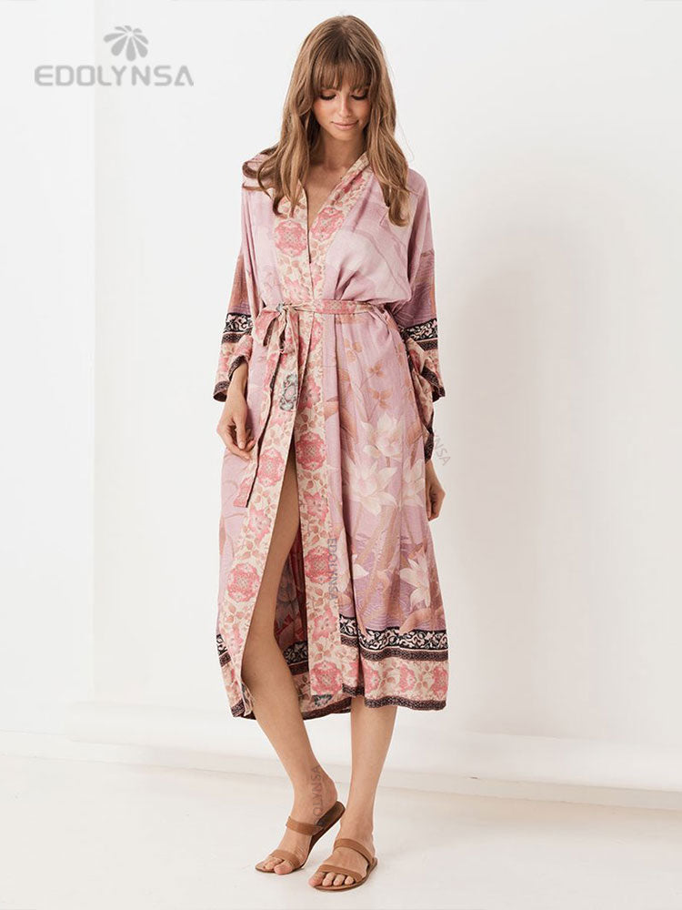 JazzHer 2024 Bikini Cover-Ups Pink Boho Print Self Belted Front Open Long Kimono Dress Beach Tunic Women Swim Suit Cover Up Q996