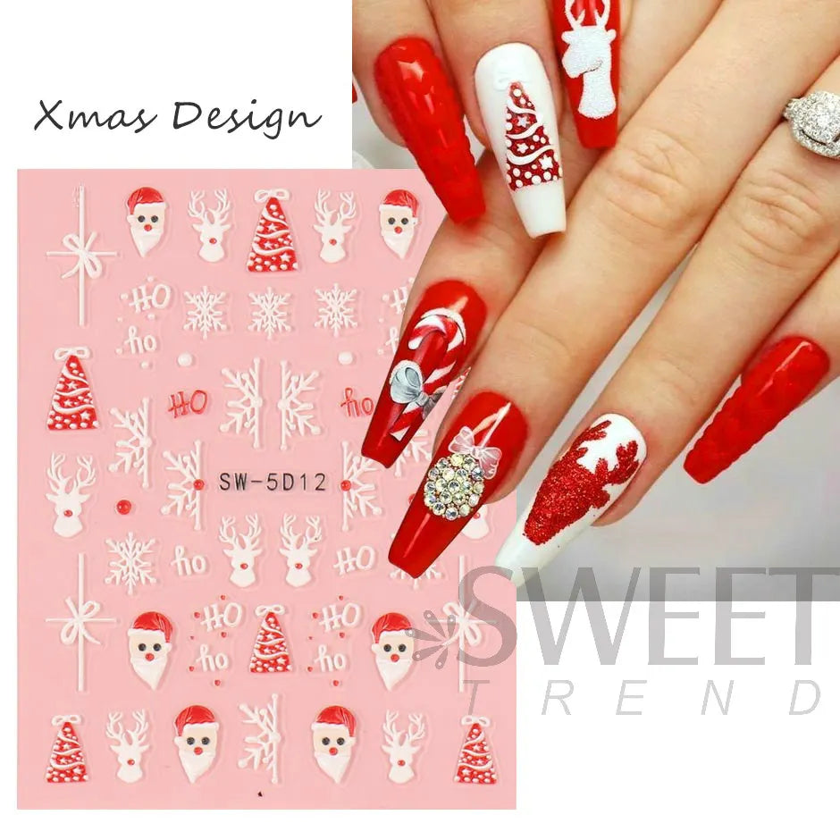 JazzHer 5D Winter Nails Embossed Stickers Santa Sweater Snowflakes Decals Christmas New Year Acrylic Textured Sliders Manicure LYSW-5D12