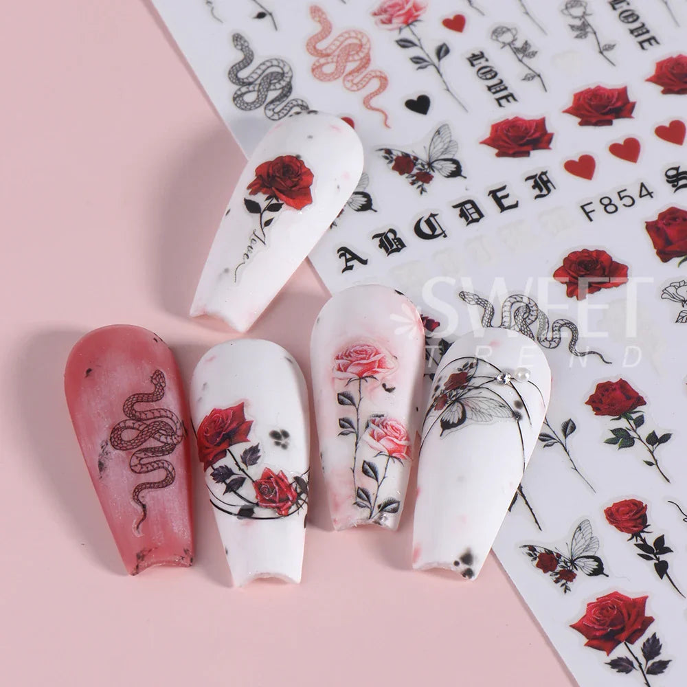 JazzHer 3D Rose Design Nail Art Stickers Sliders For Nails Design Butterfly Flowers Snake Self Adhesive Decals Manicure Wrap Decorations