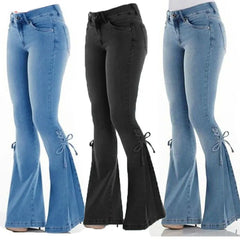 JazzHer Full Length Flare Pants Women Jean Washed Denim Pants Zipper Fly Loose Fit Pockets High Waist Basics Lace Up Vintage Solid