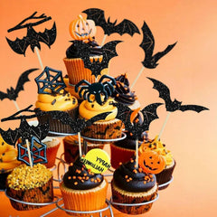 JazzHer 12/24Pcs Halloween Bat Cupcake Toppers Mixed Black Bat Cupcake Pick Flags Kids Halloween Birthday Party Cake Decoration Supplies