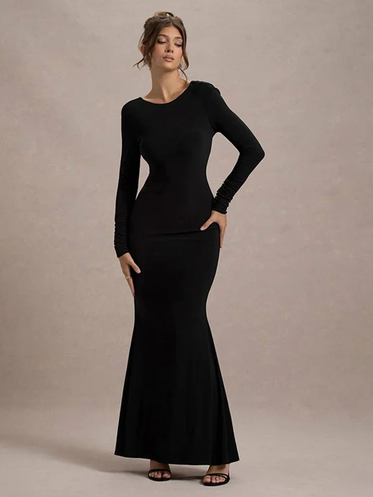 JazzHer Elegant Backless Bows Maxi Dress Female Chic Bodycon Long Sleeve Club Party Outfits Fashion Black Dresses Vestido Ladies