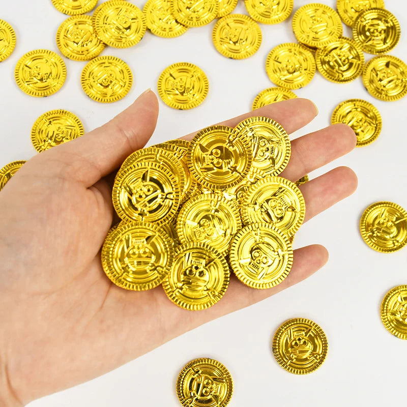 JazzHer 50/100Pcs Pirate Gold Coins Kids Pirate Birthday Party Decoration Favors Gift Halloween Cosplay Props Supply Fake Coin Treasure