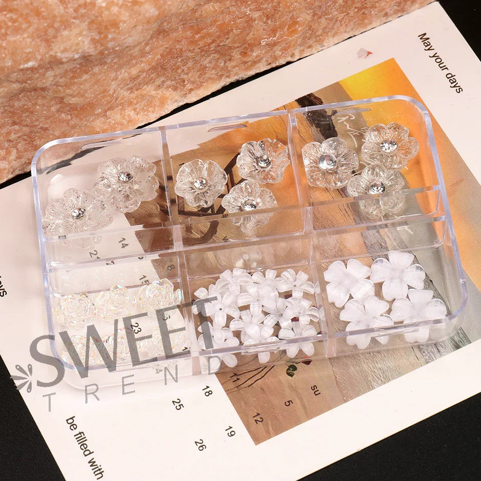 JazzHer 6 Grids Big Rhinestones Flowers Nail Acrylic Parts Aurora Clear Crystal Floral Camellia Valentine's Wedding Decor Jewelry LYS70