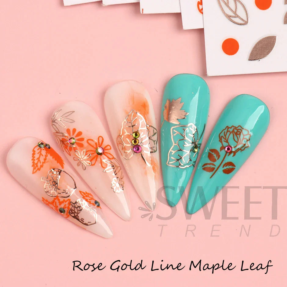 JazzHer Autumn Leaves Nail Art Stickers Laser Rose Gold Fall Maple Decoration Decals Simple Design DIY Manicure Adhesive Foil Tips LYSWG