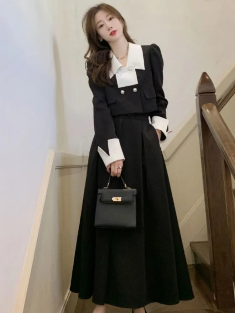 JazzHer New Autumn Solid Skirt Suits Women Elegant Long Sleeve Short Coat Chic Midi Skirts 2 Pieces Set Female Fashion Party Outfits