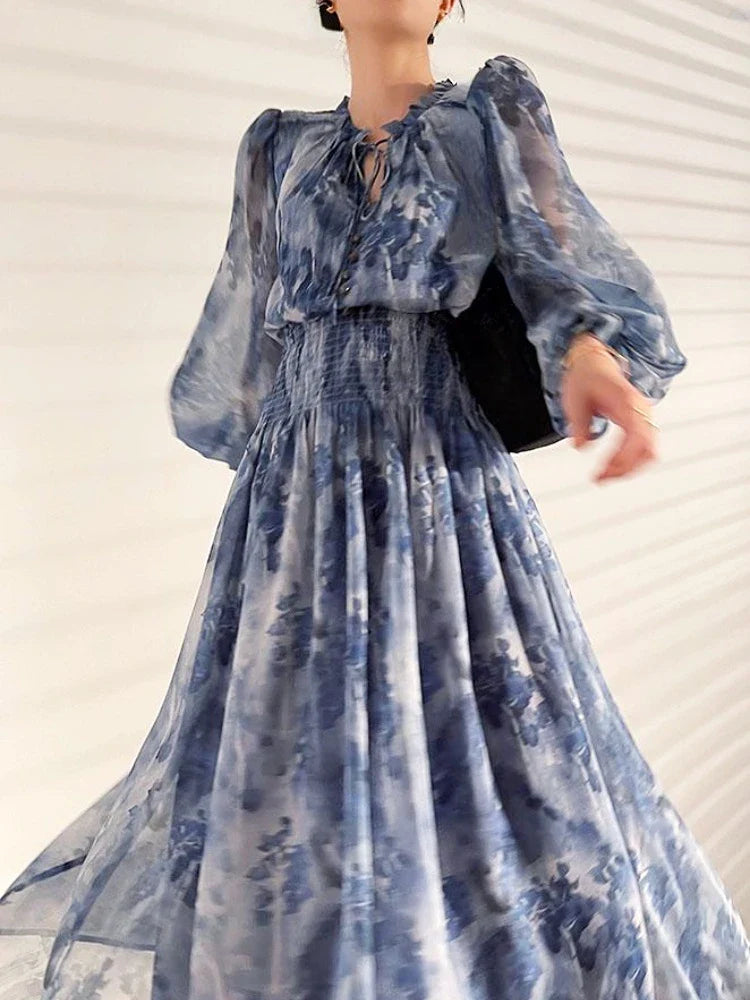 JazzHer French Vintage Long Sleeve Fairy Dress Women Slim Fashion Floral Midi Dress Beach Casual Korean Style Dresses Female 2024 Summer