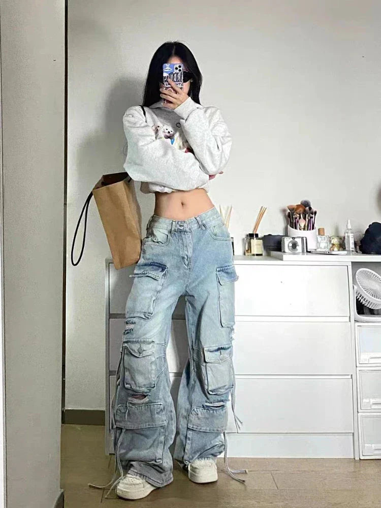 JazzHer 2023 New American Multi-pocket Overalls Female Y2K Fashion Trend High Street Retro Heavy Industry Loose Casual Wide-leg Jeans