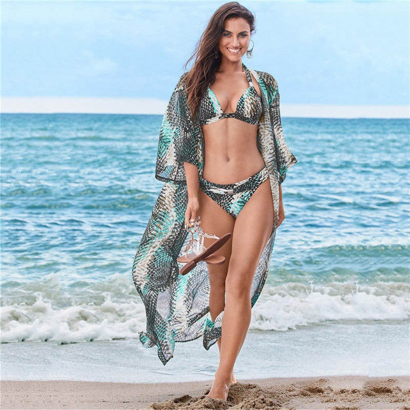 JazzHer Saida De Praia Fashion Beach Kimono Dress Women Beachwear Multicolored Bohemian Tropical Printed Ankle Length Pareo Dress Q600