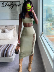 JazzHer Women Y2K Clothes 2 Pieces Hollow Outs Sleeve U-Neck Crop Top High Waist Bodycon Midi Skirt Matching Set Club Streetwear