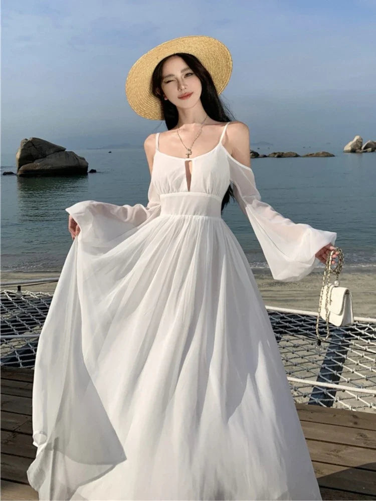 JazzHer Summer White Holiday Beach Long Dress Women Off Shoulder Backless Runway Vestidos Korean Chic A-line Sundress Clothes