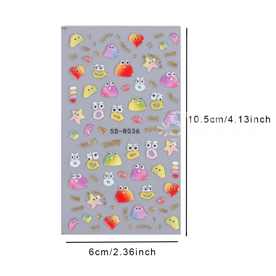 JazzHer 5D Eye Nail Embossed Stickers Blooming Fireworks Jelly Sweet Cartoon Candy  Kawaii Mouth Monster Design New Year Manicure Decal