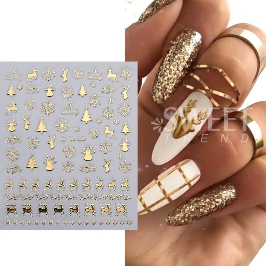 JazzHer 3D Gold Silver Christmas Nail Sticker Winter New Year Snowman Snowflake Decal Holographic Santa Tree Slider For Manicure Decor