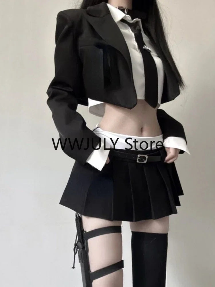 JazzHer 2024 Vintage 3 Piece Set Skirt Woman Black Short Blazers + Casual Shirt + Slim Mini Skirt Party Korean Fashion Suit Female Chic