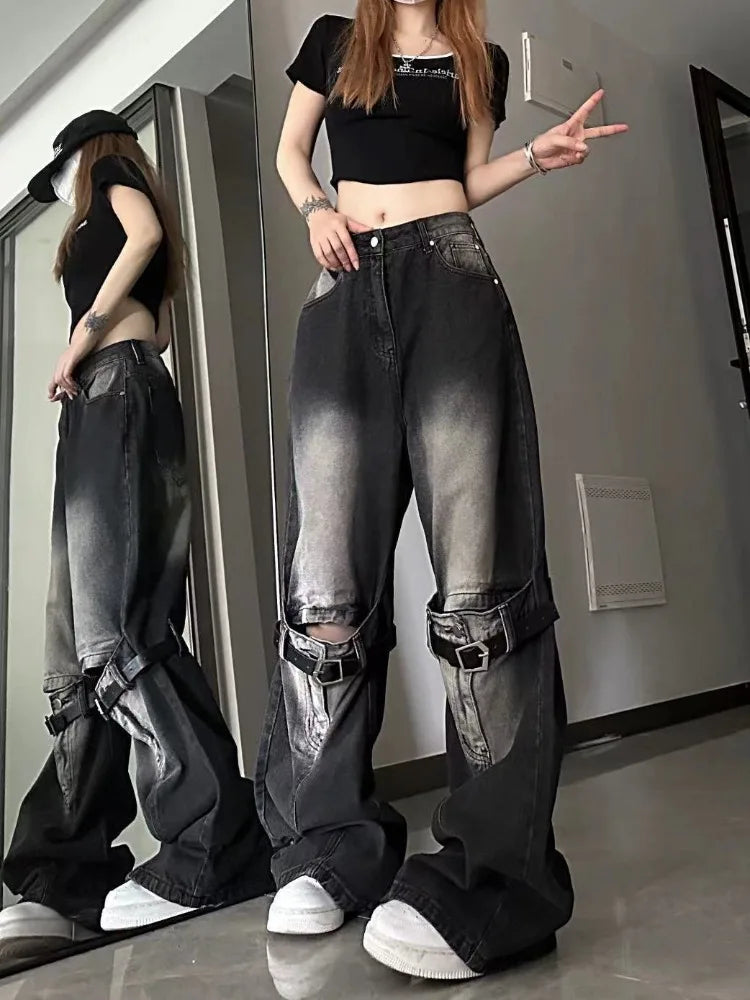 JazzHer American New Old Strap Stitching Hole Micro-La  Baggy Jeans Female Y2K Fashion High Design Relaxed Casual Straight Wide-leg Pant