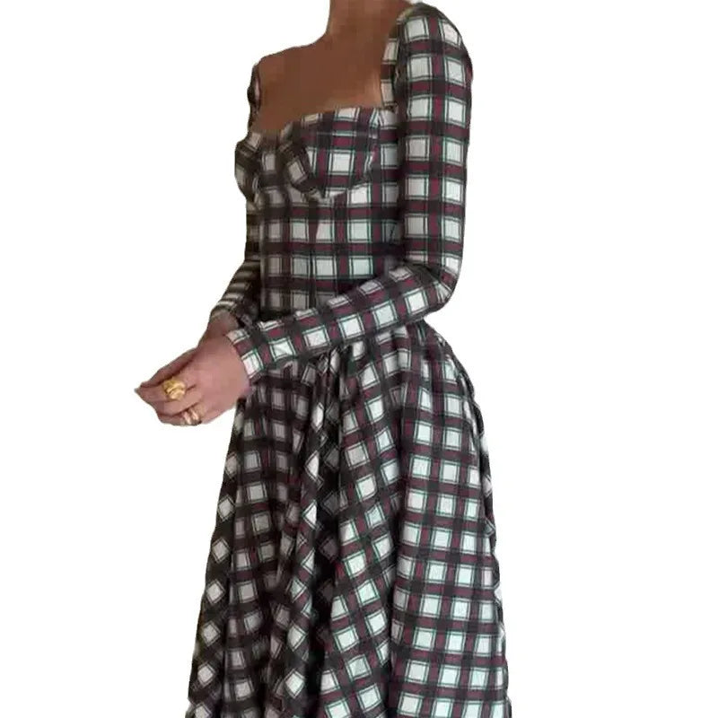 JazzHer Women Dresses Square Collar Party Dress Plaid Long Sleeve Ankle Length Vestidos Pullover Slim Fit Sexy Basics Summer 2024