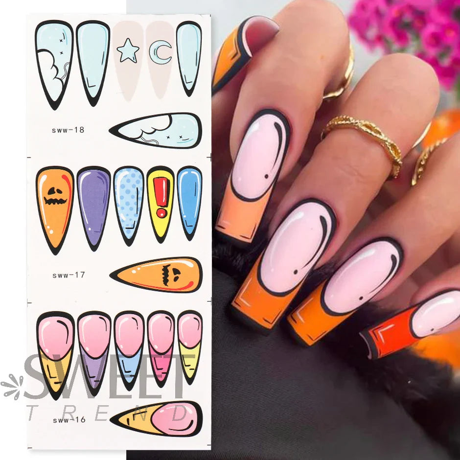 JazzHer 12pcs Graffiti Comic Book Nail Water Sliders Inspired Dimension Cartoon Design French Simple Line Full Cover Manicure Wrap LYSWW