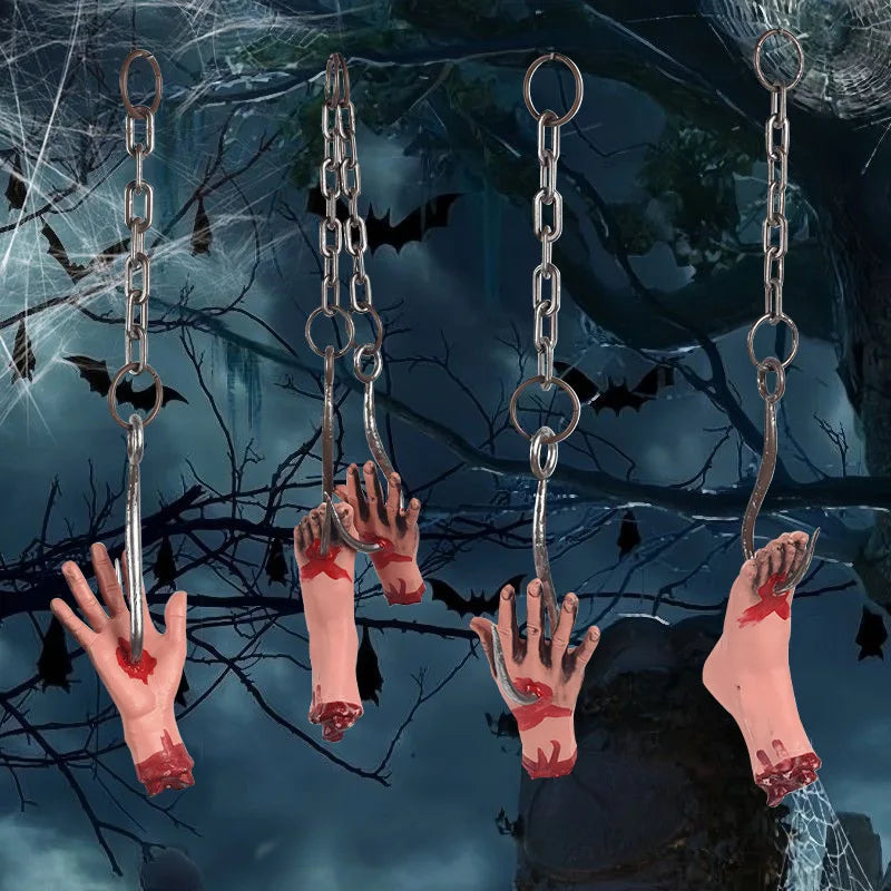 JazzHer Halloween Iron Chains Hook Hand Feet Haunted House Horror Props Scary Fake Hand Hanging Ornament Halloween Party Home Decoration