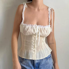 JazzHer Fairy Cottage Y2K Crop Tops Kawaii Ribbons Bowknot Lace Trim Camisole Low Cut Button Up Slim Fit Vest 90s Vintage Women Tank Top