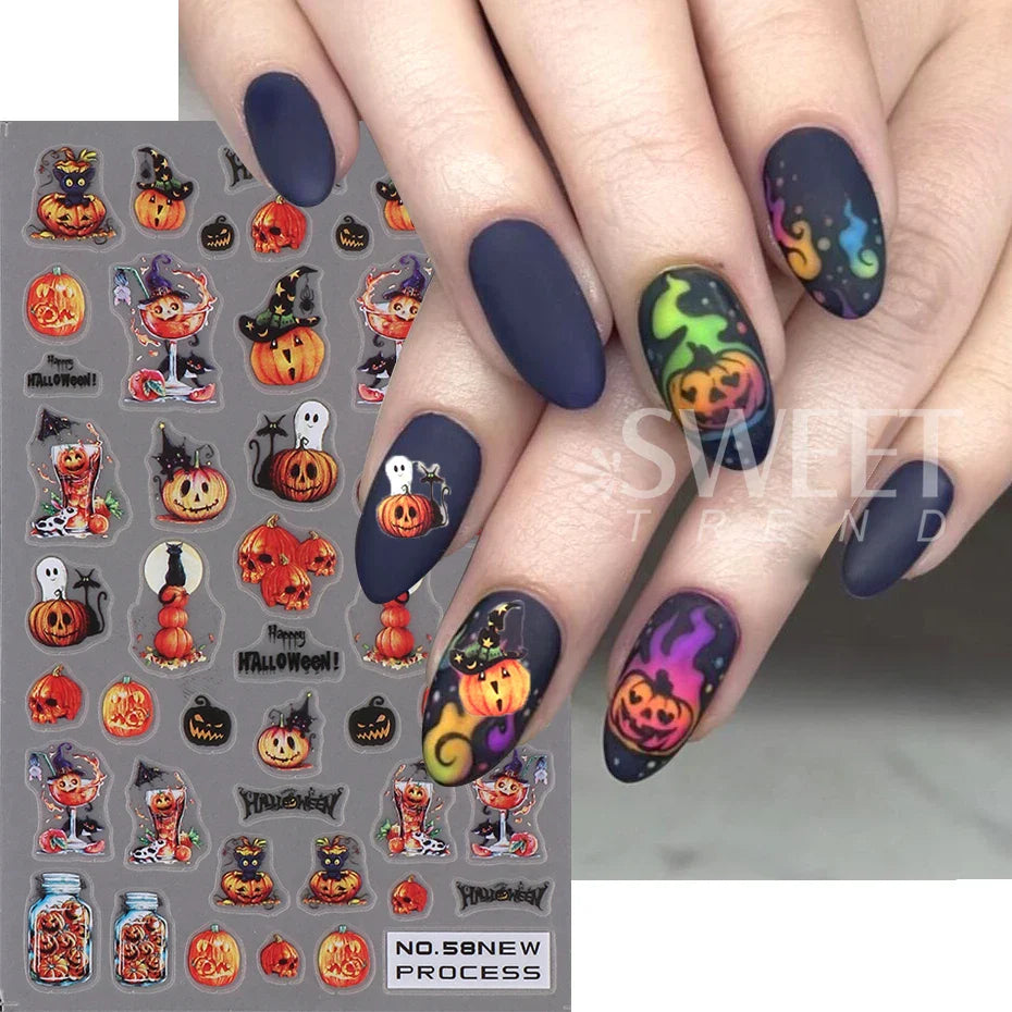 JazzHer 3D Halloween Ghost Skull Nail Art Stickers Cute Pumpkin Spider Web Design Adhesive Cartoon Nail Decals Sliders Decor Manicure