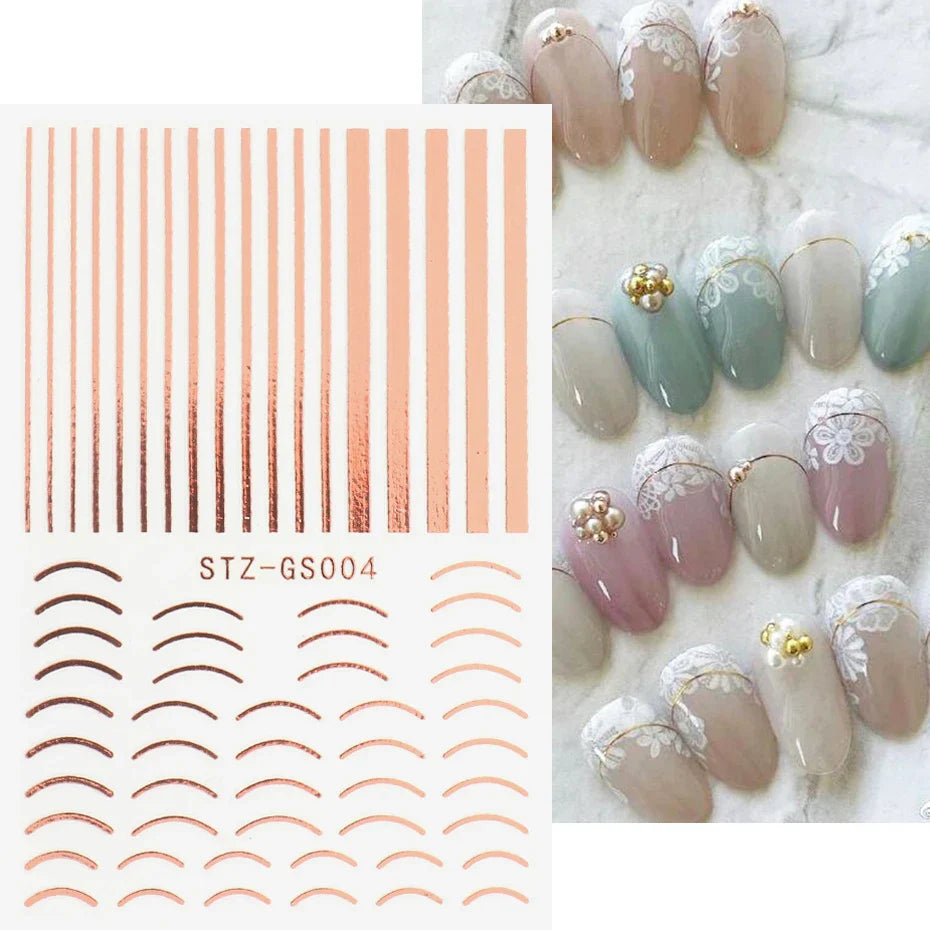 JazzHer 1pcs 3D Rose Gold Holo Decal Nail Lettering Curved Striping Line Sticker Nail Art Design Adhesive Slider Decoration LYSTZ-GS104