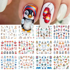 JazzHer 12pcs Cute Sweater Penguin Nail Water Decals Cartoon Cat Bunny Design Transfer Sliders Winter New Year DIY Decoration Wraps LYBN