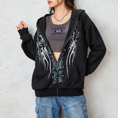 JazzHer 2024 Fall Fashion Graphic Print Zip Up Hoodie 00s Retro Cyber Y2K Sweatshirt Wings Grunge Emo Goth Jacket Coat Women Men Aesthetic Streetwear