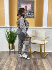 JazzHer Pant Sets Long Sleeve Women Tracksuit Zipper Denim Coat Cargo Ankle Length Pants Pockets High Street Spliced Slim 2024