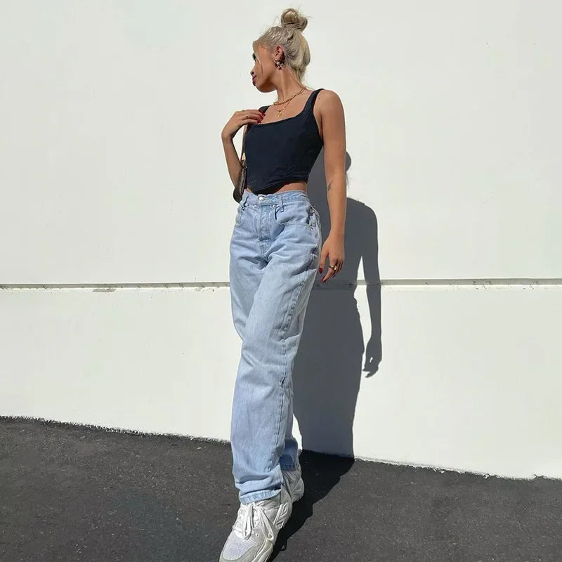 JazzHer Women Jeans Wide Leg Pants High Waist Denim Streetwear Print Pockets Loose Spring 2024 Slight Strech Ankle Length Pant