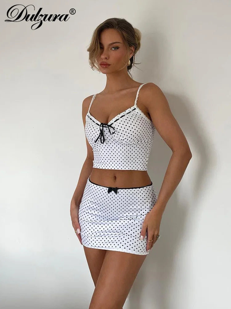 JazzHer Matching Suit Polka Dots Spaghetti Shoulder Straps Crop Top Sleeveless Bow Ties Mini Skirt 2024 Co Ords Set Clubwear