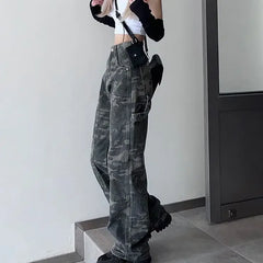 JazzHer Women Camouflage Jeans Loose High Waist Vintage Cargo Wide Leg Pants Denims Full Length Streetwear Female Denim Trousers