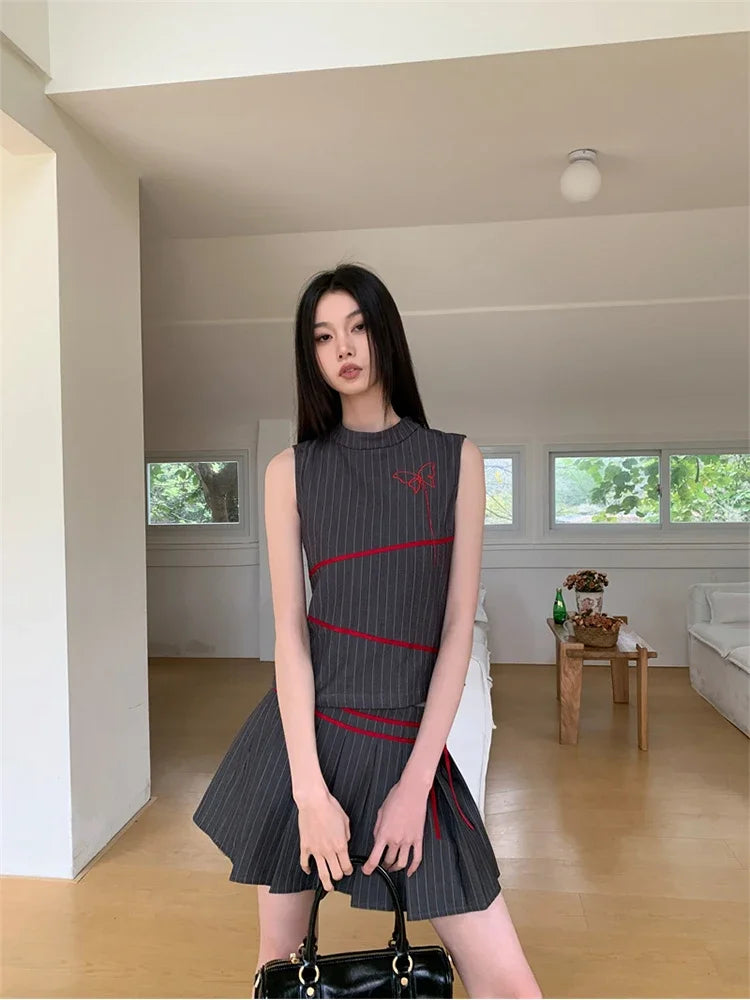 JazzHer Summer Women Vintage Old Money 2000s Aesthetic Outfits 2 Piece Set Striped Tank Tops + A-line Mini Pleated Skirts Korean Fashion